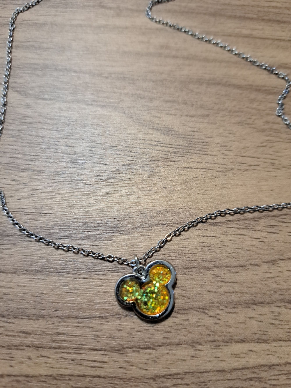 Silver Necklace with Yellow Glitter Mickey Pendant